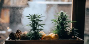 Hyper-realistic illustration of two cannabis plants with pinecones and lemons in a wooden planter, with steam rising in the background near a window.