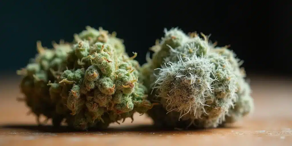 Two marijuana buds with visible resinous trichomes, demonstrating quality and high THC content