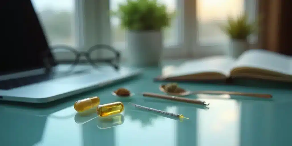 Cannabis capsules, joint, and notebook used for tracking weed microdosing for optimal effects.