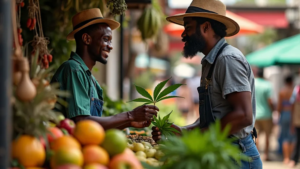 Smiling farmers exchanging a Grabba leaf in a vibrant market, highlighting the cultural background of What is Grabba?