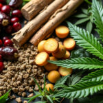 A young man examines a bottle labeled 'High Caryophyllene Content' in a modern cannabis dispensary, with an infographic of the endocannabinoid system in the background.