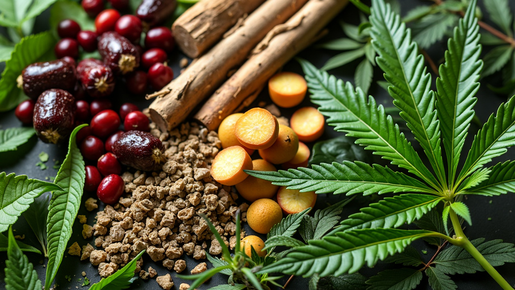 A young man examines a bottle labeled 'High Caryophyllene Content' in a modern cannabis dispensary, with an infographic of the endocannabinoid system in the background.