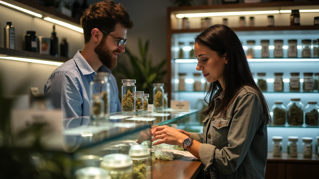 Choosing mids cannabis at a dispensary – Customer and budtender discussing mids-quality cannabis options at a well-lit dispensary counter, highlighting the selection process.