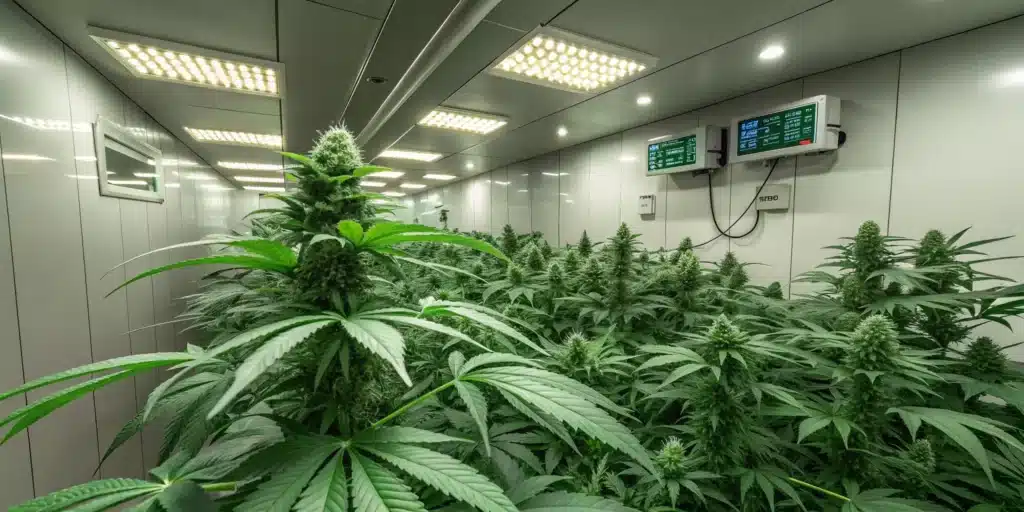 Close-up of cannabis buds with dense trichomes in a well-lit indoor grow room.