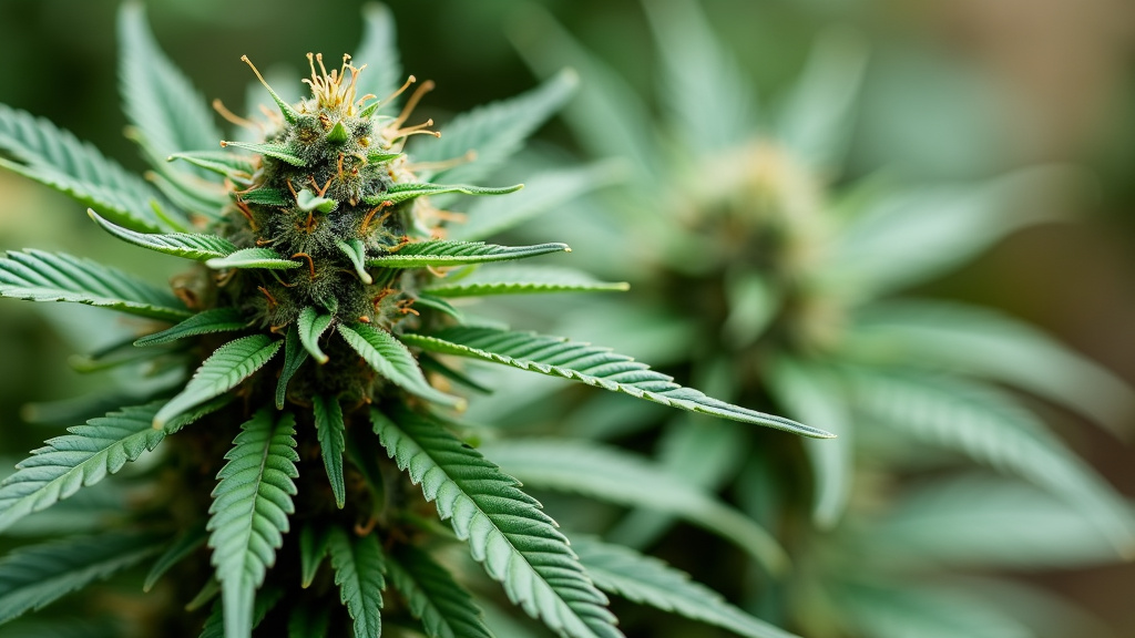 Close-up of a cannabis flower rich in terpinolene terpene, showcasing its vibrant green leaves and resinous buds.