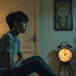 A person sitting on a couch in a dimly lit room, with a clock in the background showing late evening hours