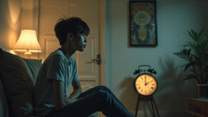 A person sitting on a couch in a dimly lit room, with a clock in the background showing late evening hours