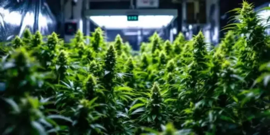 Hands trimming mature cannabis cola in indoor flowering room