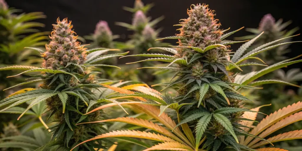 Lush cannabis plants with purple hues growing indoors under warm LED lights in a controlled cultivation environment.