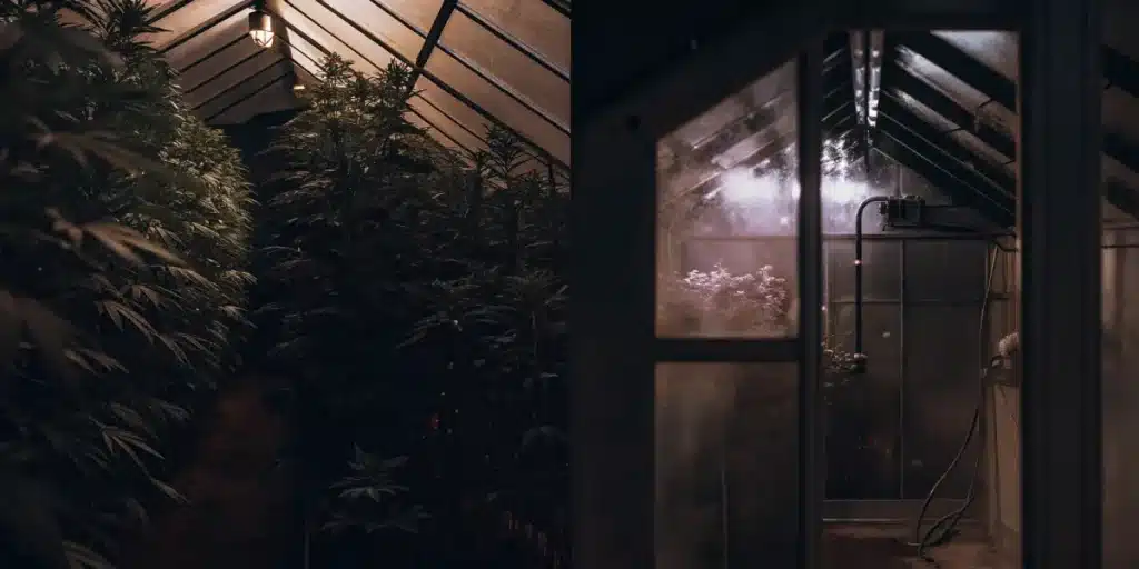 Split illustration: dimly lit greenhouse interior with tall cannabis plants, and a misty view through a glass door.