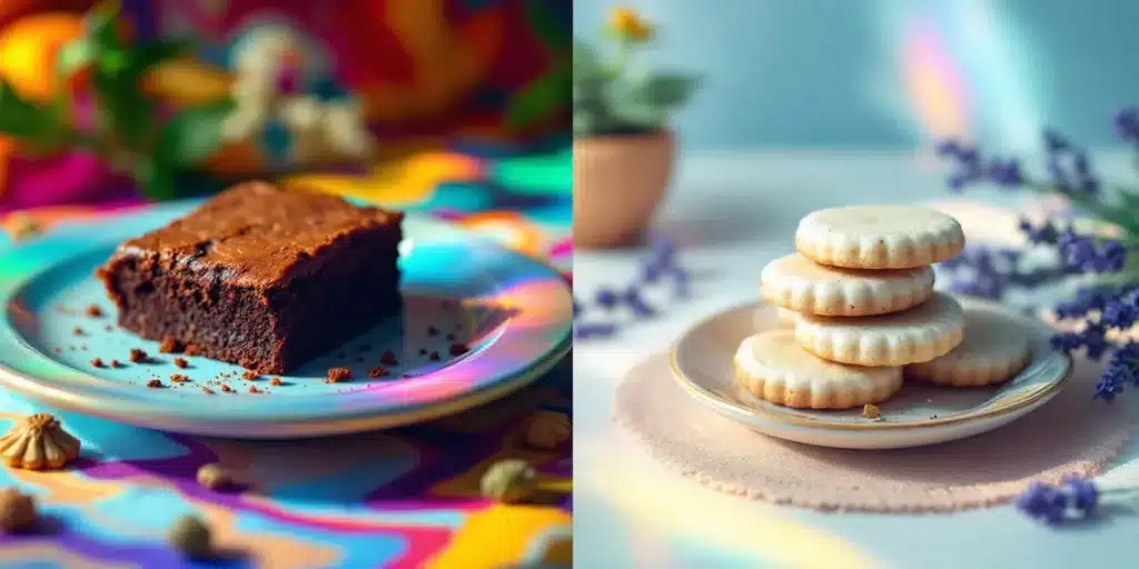 Canna banana bread slice and cannabis-infused cookies displayed on colorful plates