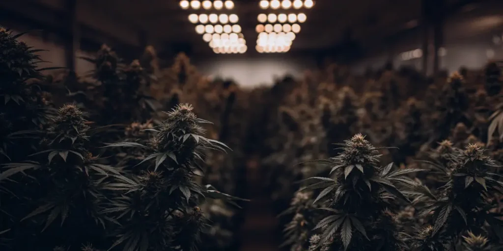 Hyper-realistic digital artwork of an advanced indoor cannabis grow room with rows of dark-toned cannabis plants under dim, warm overhead lights.
