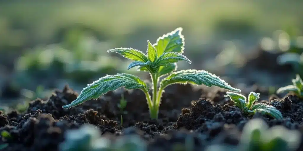 Young cannabis seedling in outdoor soil, highlighting the perfect time for planting cannabis outdoors.