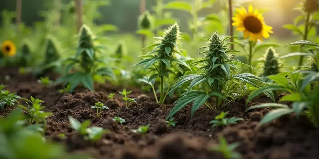 Marijuana plants growing in soil alongside companion plants for improved cultivation.