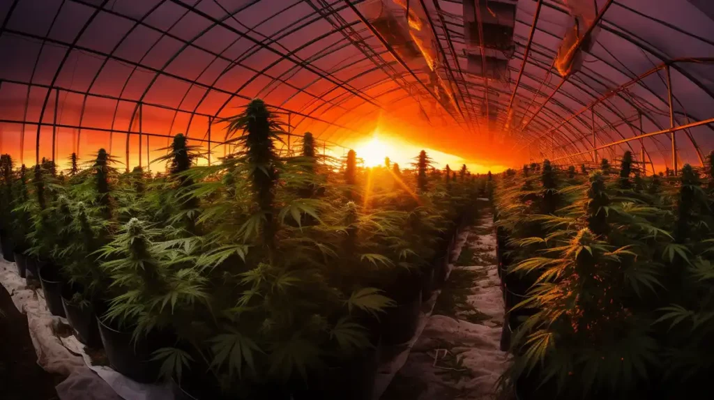 Cannabis greenhouse at sunset, symbolizing a tranquil environment that complements the experience of psychedelic mushroom tea.