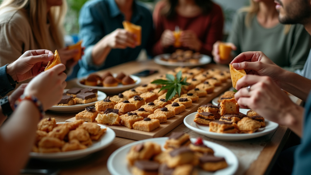 Friends sharing and tasting Firecracker edibles at a gathering, highlighting the social enjoyment of Firecracker Edibles.