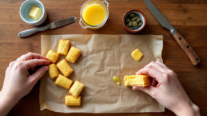 Hands preparing firecracker edibles with crackers, butter, and cannabis on a wooden table.