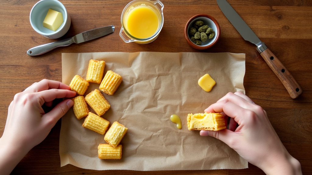 Hands preparing firecracker edibles with crackers, butter, and cannabis on a wooden table.