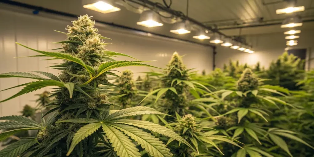 Close-up of a flowering cannabis plant with dense buds and green leaves under artificial grow lights in an indoor room.