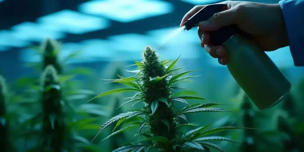 Cannabis plant being foliar fed with nutrient spray to boost growth and nutrient absorption.