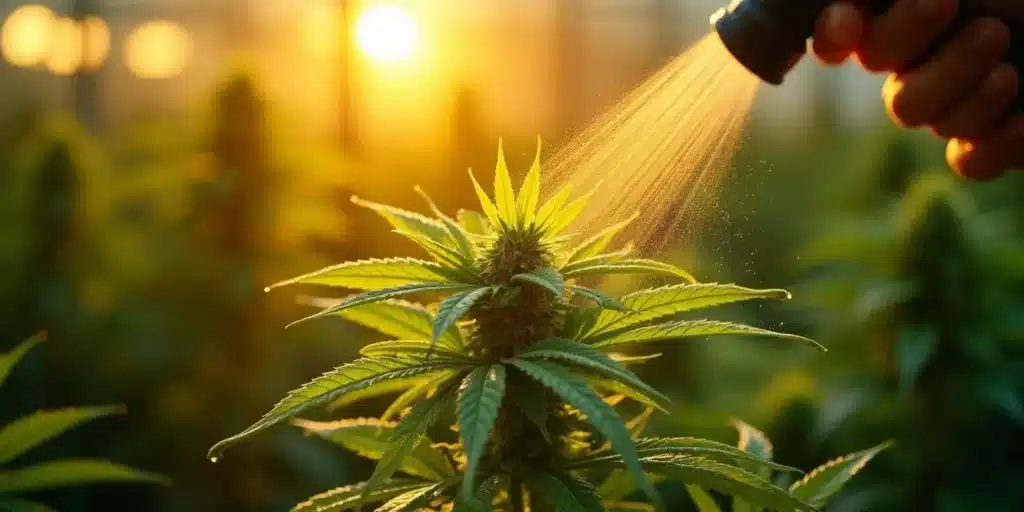 Cannabis plant sprayed with foliar nutrients during sunset, optimizing leaf absorption and plant health.