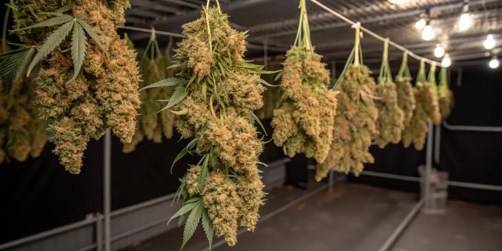 Freshly harvested cannabis buds hanging to dry in a well-lit indoor space.