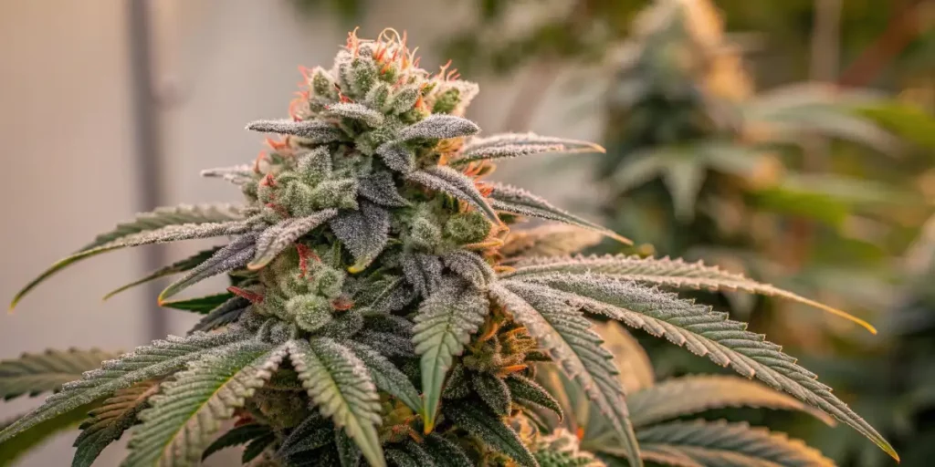 Close-up of a frosted cannabis bud with vibrant green leaves and resinous coating.
