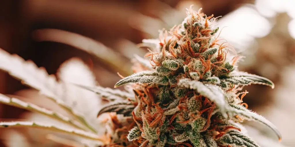 Resin-coated cannabis bud with orange pistils, frosted with trichomes, under warm lighting.