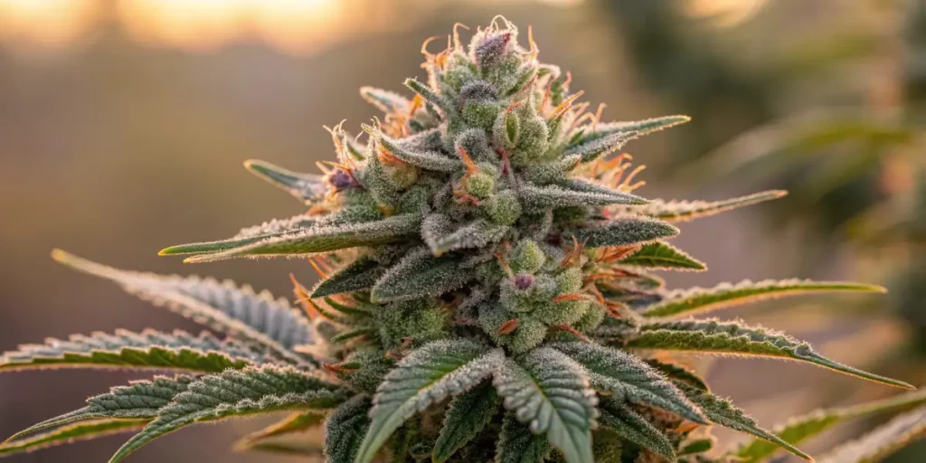 Cannabis bud covered in resin with purple accents, surrounded by frosted green leaves.