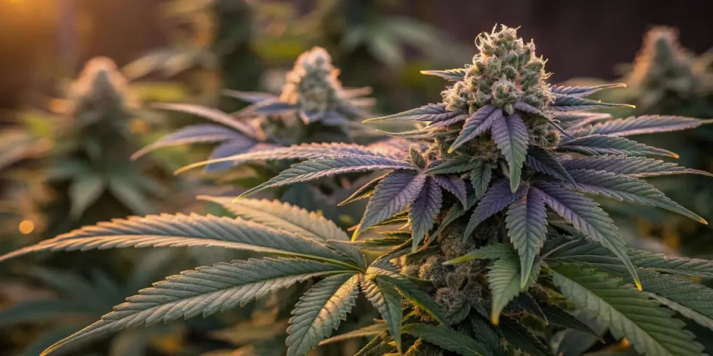 Frosty GG Autoflower F1 cannabis plant with purple hues and dense buds in golden sunlight.