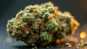 Close-up of a cannabis bud with a dense layer of trichomes, highlighting the presence of gas terpenes