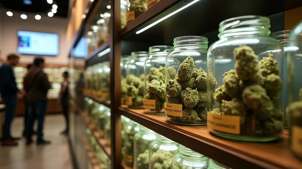 Display of cannabis strains rich in Gas Terpene, showcased in glass jars at a dispensary with customers in the background.