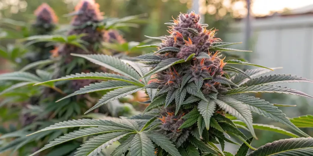 Gelato Outdoor Purple Bud growing under natural light with frosty trichomes and orange hairs.