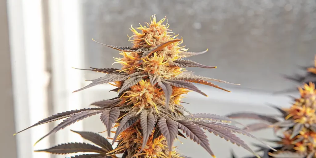 Gelato Purple Bud with vibrant orange pistils and dark purple sugar leaves under soft sunlight.