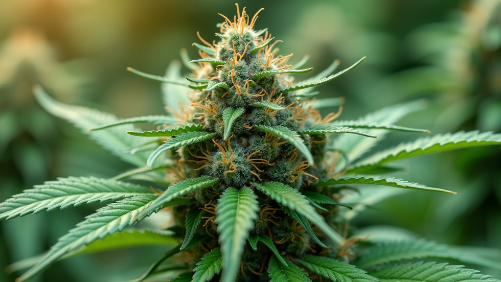 Cannabis bud rich in Geraniol Terpene with green leaves and orange pistils, showcasing detailed trichomes.