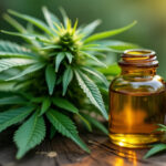 Cannabis plant with two amber glass bottles containing cannabis extract, highlighting the presence of geraniol terpene.