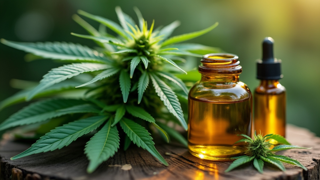 Cannabis plant with two amber glass bottles containing cannabis extract, highlighting the presence of geraniol terpene.