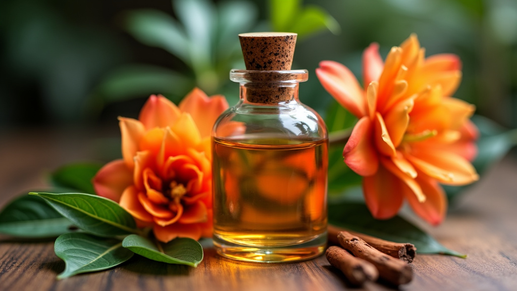 Geraniol Terpene oil in a glass bottle with orange flowers and cinnamon sticks on a wooden table.