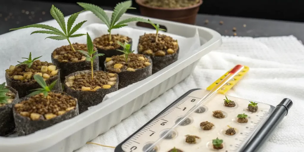 Cannabis seedlings germinating in peat pellets and rockwool cubes, next to a humidity dome and thermometer on a white towel.