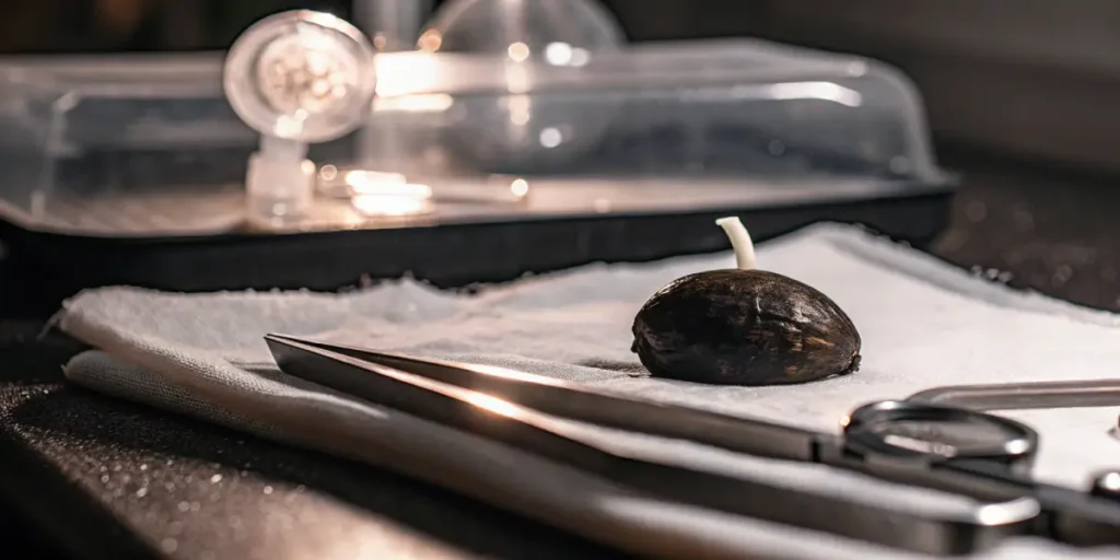 Hyper-realistic close-up of a germinating cannabis seed with a white root, on a white cloth, with tweezers and laboratory equipment.