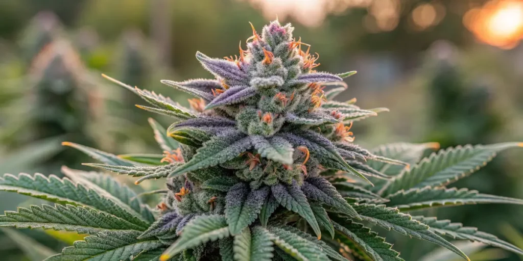 Frosty Ghost Train Haze cannabis bud with vibrant orange pistils and purple hues under soft evening light