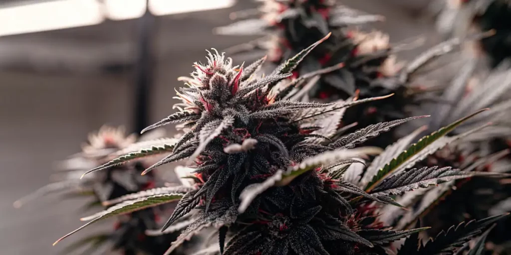 Close-up of Gorilla Sherbet cannabis with dark purple leaves and dense trichomes on the buds.