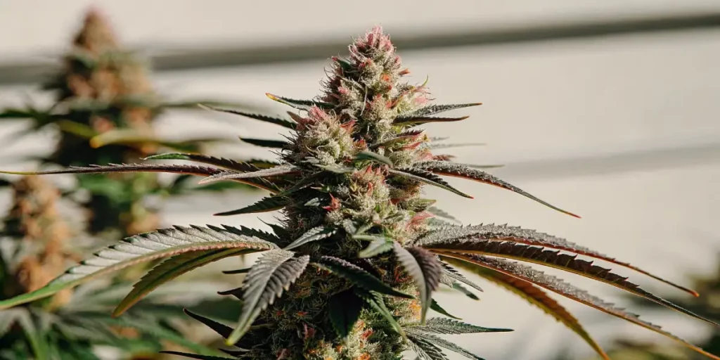 Close-up of Gorilla Sherbet cannabis plant with vibrant green leaves and purple-hued buds.