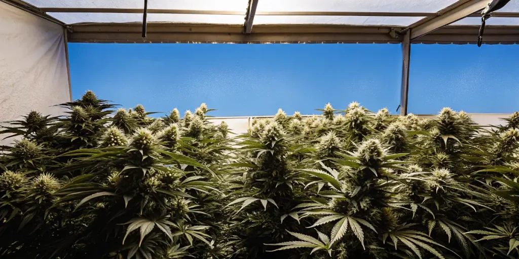 Hyper-realistic digital artwork of dense cannabis plants with white buds under a bright blue sky, visible through a greenhouse roof.