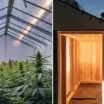 Split illustration: lush cannabis plants in a bright greenhouse, and a wooden interior room with warm light.