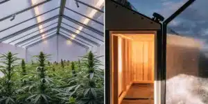 Split illustration: lush cannabis plants in a bright greenhouse, and a wooden interior room with warm light.