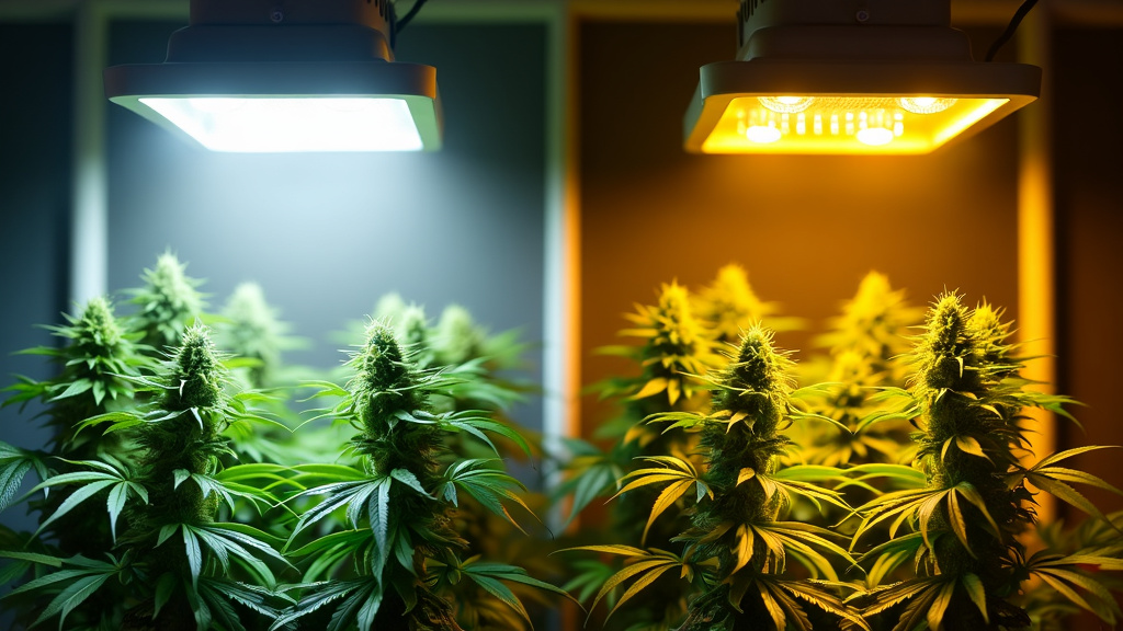 Comparison of cannabis plants under blue and yellow grow lights indoors, showing different lighting effects on plant growth.