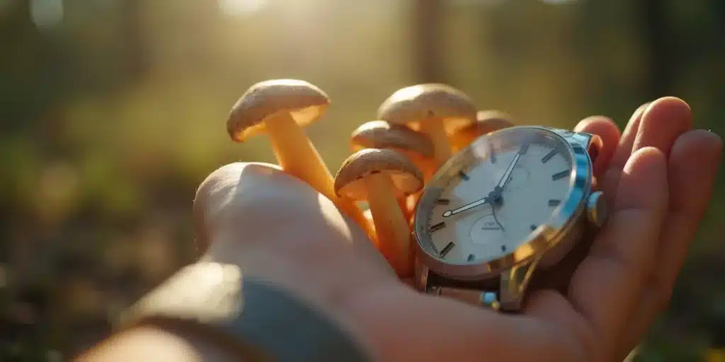 The waiting period for shrooms to kick in.