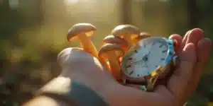 The waiting period for shrooms to kick in.