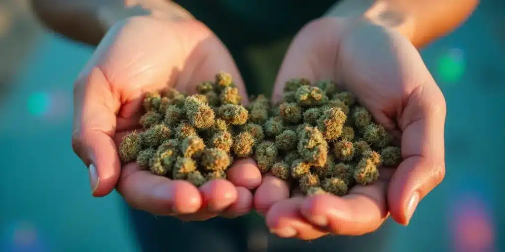 Person holding freshly harvested medical marijuana buds cultivated from high-quality seeds, emphasizing potency and therapeutic properties.